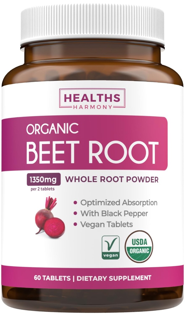 USDA Organic Beet Root Powder (60 Tablet) 1350mg Beats Per Serving with Black Pepper untuk Absorpsi Ekstra - Super Antioksidant and Nitrate Suppplemen Atletic Performance dan Stamina- Tidak Ada Kapsul