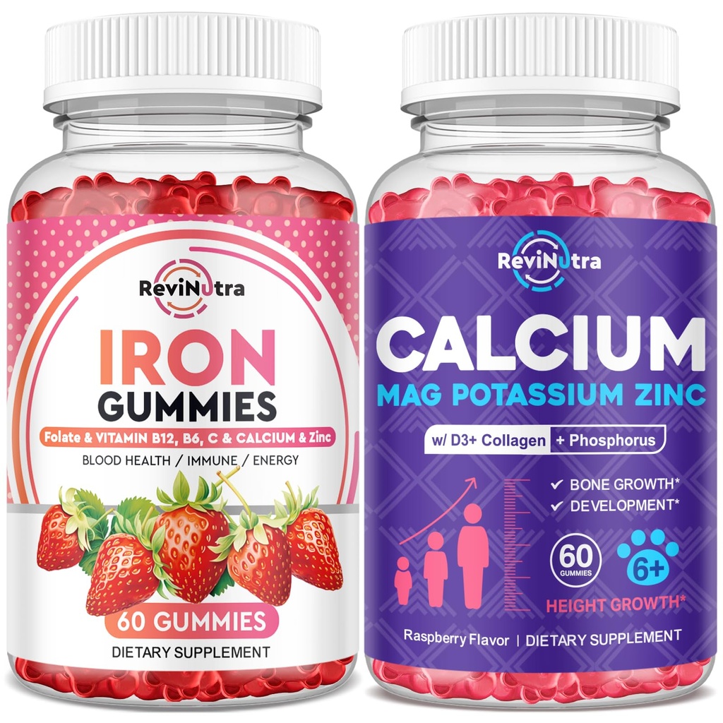 Tambahan Gummies Besi untuk Dewasa & Anak-anak; Kalsium Potasium Magnesium Gummies 12.4; Bundle