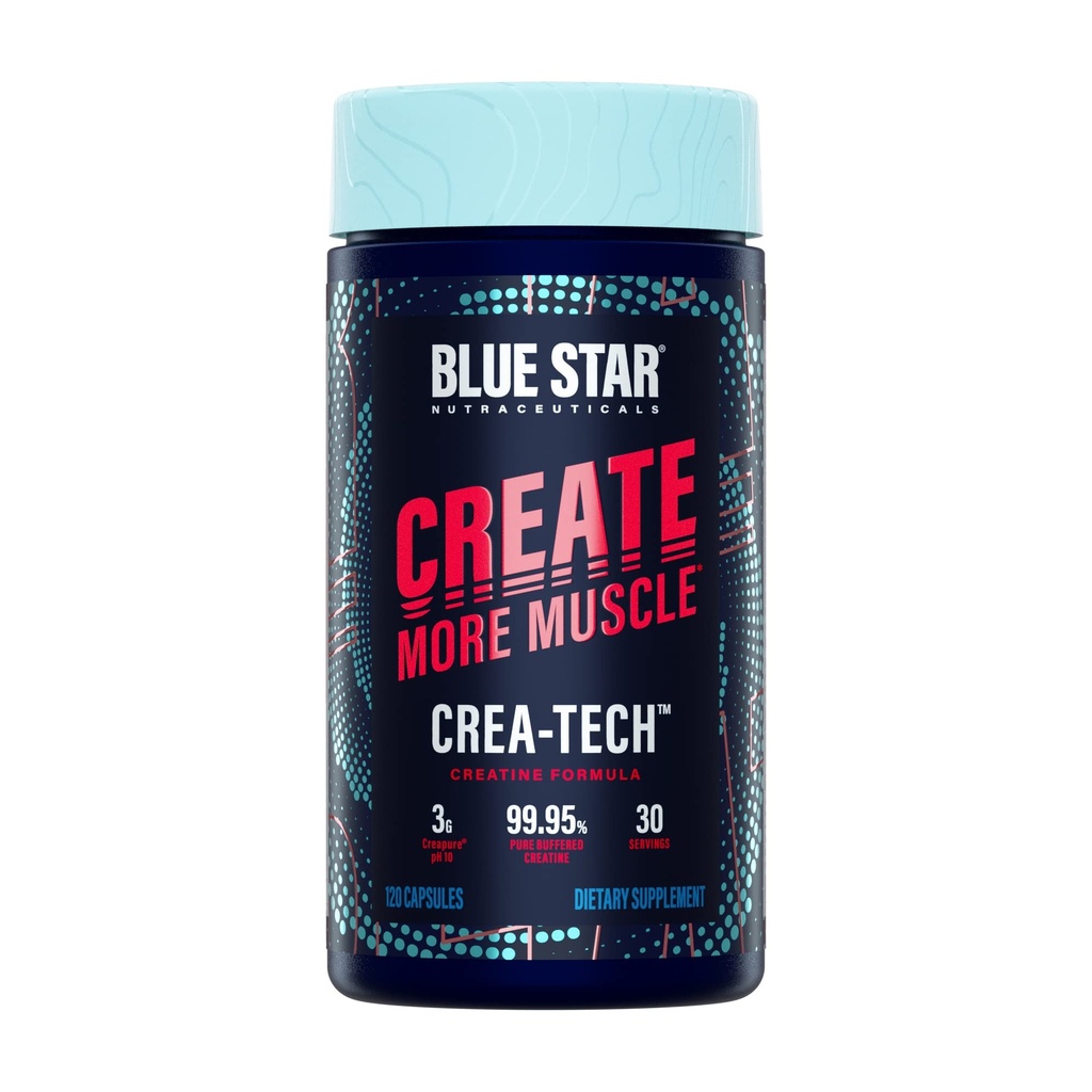 Blue Star Nutraceuticals CREA-TECH - Creapure Creatine Monohydrate - w / Electrolytes. Creatine + Electrolytes Capsules - Bangun Muscle dan Meningkatkan Kekuatan 124; 30 Hari Supply - 120 Veggie Kapsules