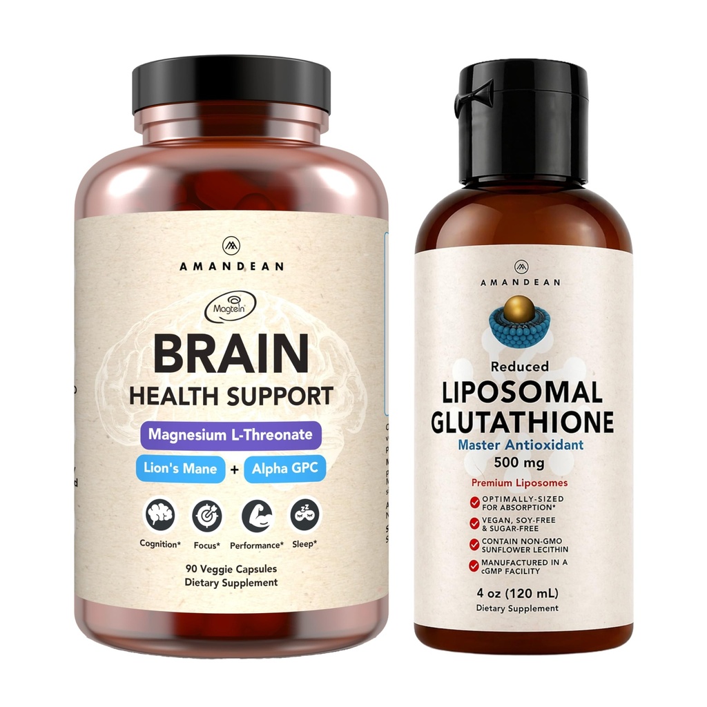 AMANDEAN Premium Persediaan Kesehatan Otak & Lipomal Glutathione Bundle. Triple Formula dengan Magnesium L- Threonate, USA- Grown Organic Lion 's Mane 6: 1 Extract, dan Alpha- GPC. Dukung Cognition, Fokus &