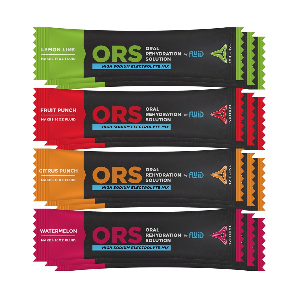 Solusinya Fluid Tactical - ORS (Oral Rehydration Solution), Recover Faster, Extreme Dehydration Electrolites, 12pack (4 Flavor Variety Pack)