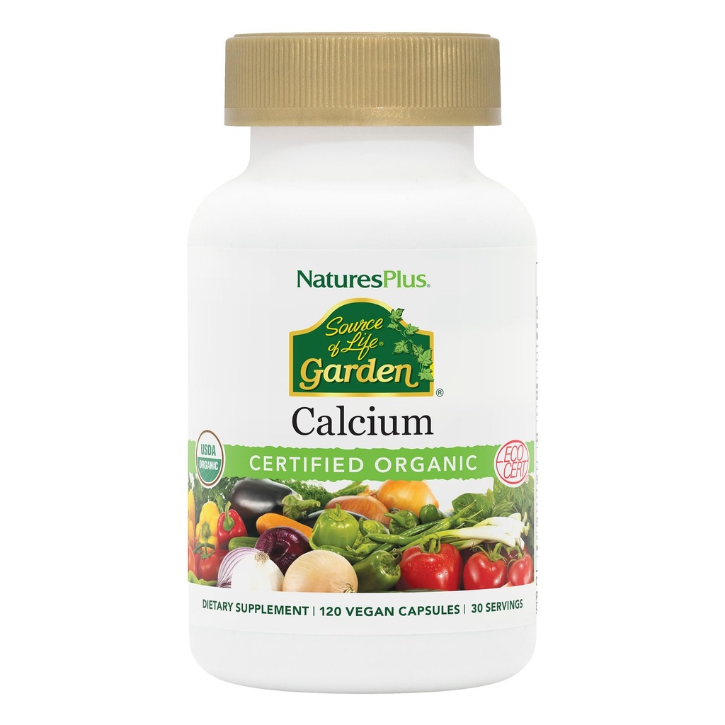 NaturesPlus Source of Life Garden Certified Organic Calcium with AlgaeCal - 1000 mg, 120 Vegan Capsules - Plant - Based Bone Health Supppplemen - Vegetarian, Gluten- Free - 30