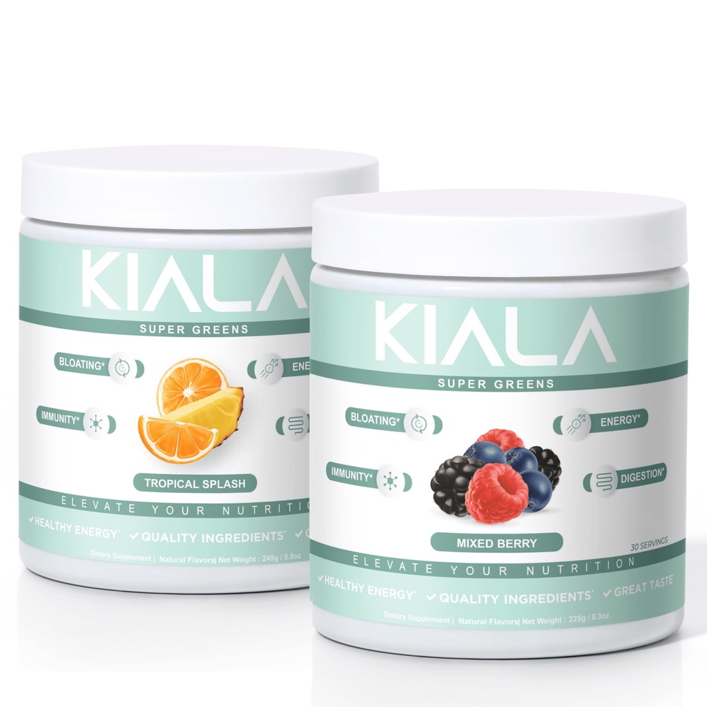 Nutrition Super Greens Kiala, Powder Organic Greens, Spirulina & Chlorella Superfood Pounder, Sugar & Gluten Free Vegan, Spectra Blend, Tropical Slush, Mixed Berry 2 Pack