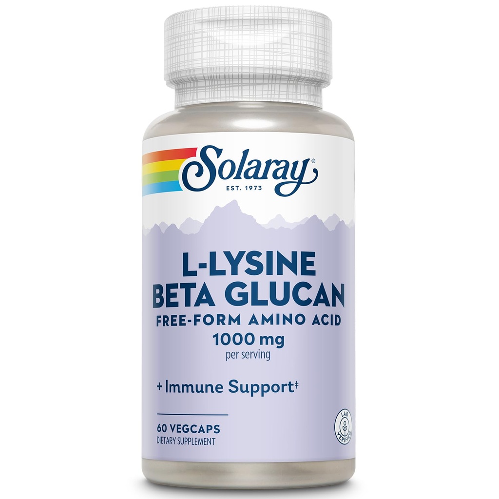 SOLARAY LLysine dengan Beta Glucan, Free Form Acid, L-Lysine 100mg Kapsul, Suplemen Immune, Dukungan Skin dan Lips, Jaminan 60 Hari, Lab Verifikasi, 60 VecCaps