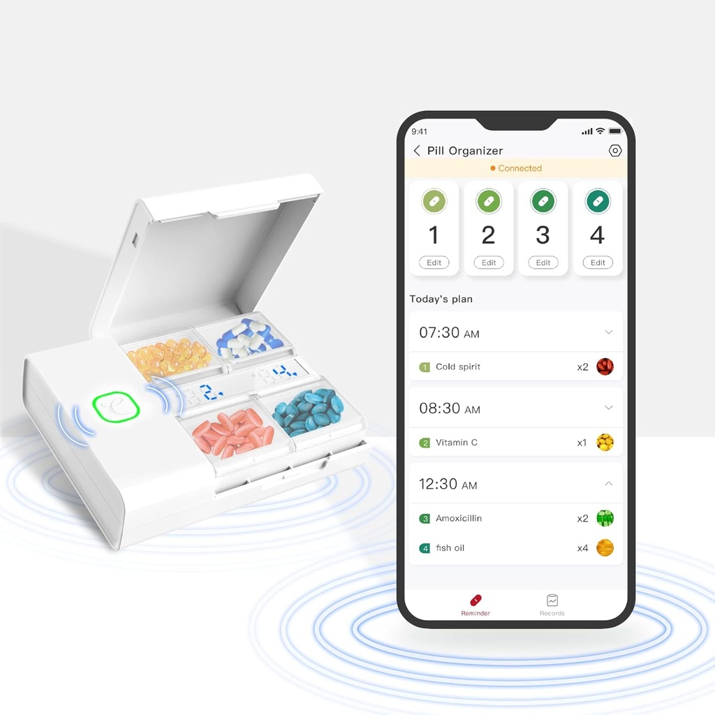 Kotak Pengobatan Komfytemp - Smart Medication Organizer dengan Free App, Pill Pill Pill Pill Box, Alarm Reminder, 4 Large Kompartemen, Rechargable Travel Pill Box for Medicine / Vitamin / Suplemen