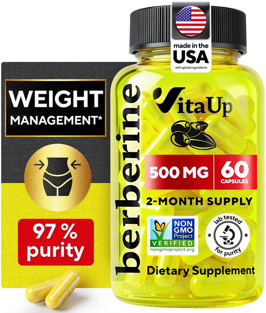 Suplemen Berberine 500mg - USA Made Berberine 500mg - Non- GMO Berberine HCL - Berberine Suplemen untuk W8th Management, Energy, Ammune Dukungan - 60 Capsules