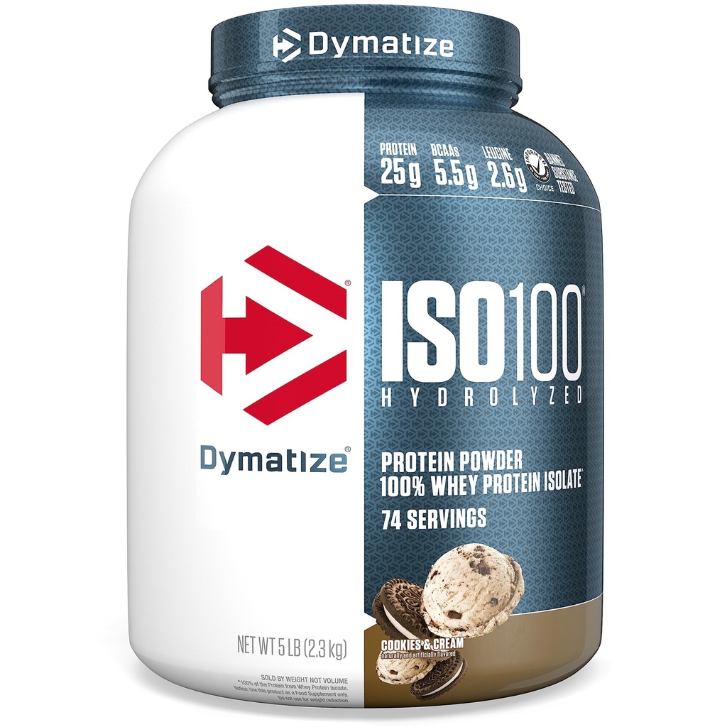 dymatize ISO100 Whee Protein Powder Isolate, Cookies & Cream, 25g of Protein, 5 Pound, 5.5g BCAAs, Kurang dari 120 Cal., Gluten Free, 1g Fat, 1g Sugar, 2g Carb (74 Pelayan)