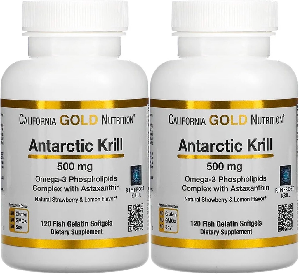 California Gold Nutrition Antartika Krill Oil, Ultra- High Omega- 3 dengan Astaxanthin, Strawberry Alam & Lemon Flavor, Non GMO, Gluten Bebas, 500 mg, 120 Fish Gelatin Softgelels, 2 Pack
