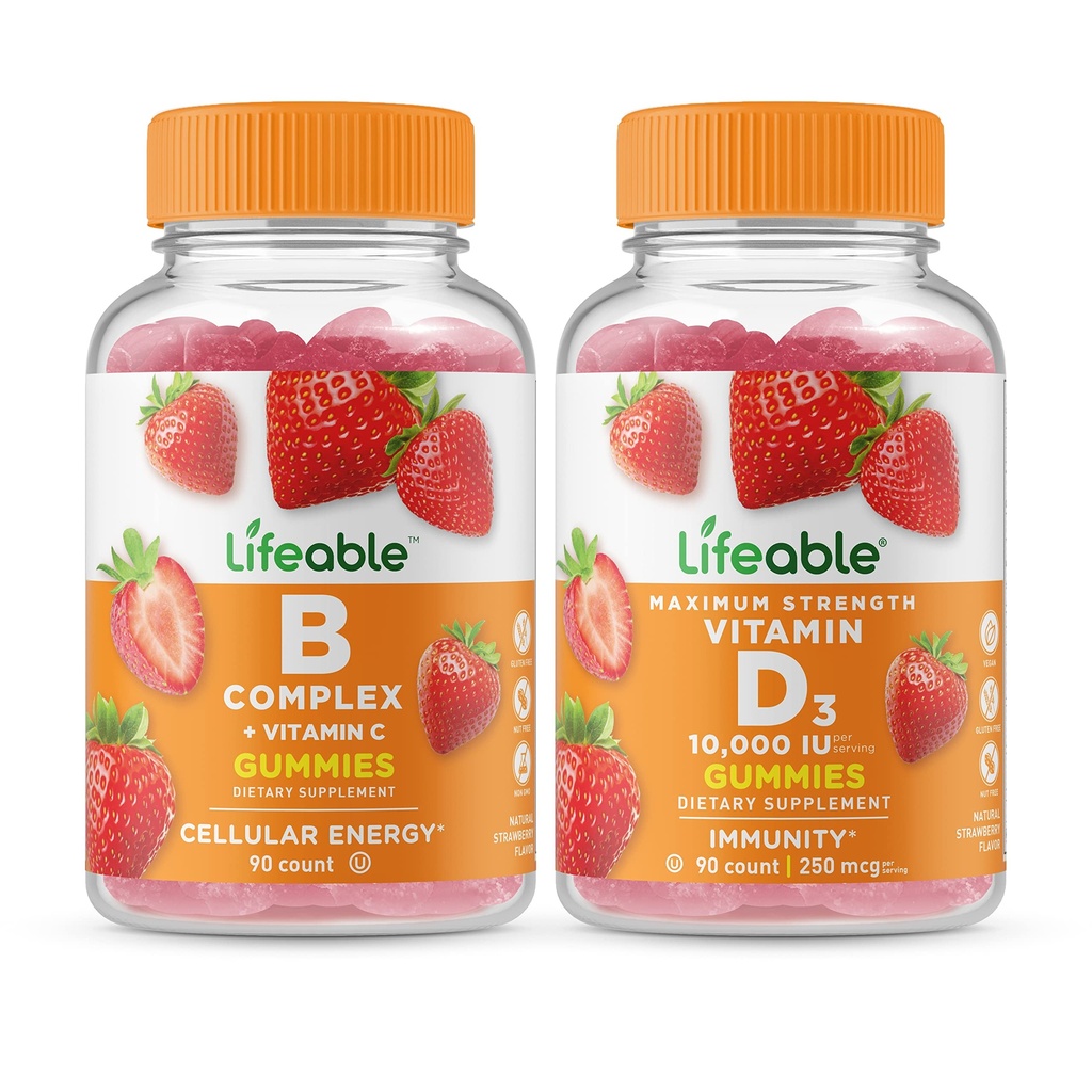 Kompleks B Lifeable + Vitamin D 10.000 IU, Gummies Bundle - Great Tasting, Vitamin Suplemen, Gluten Bebas, GMO Bebas, Dapat Dikunyah