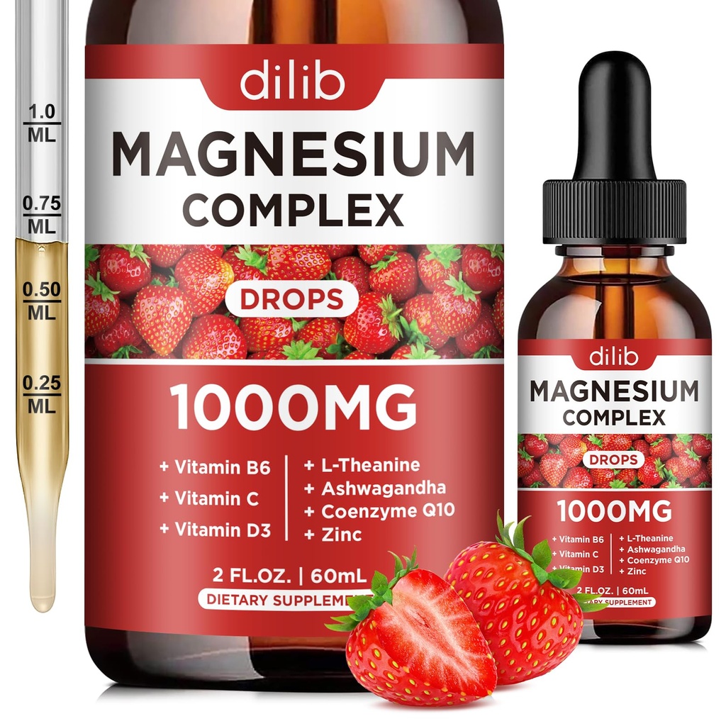 Triple Magnesium Complex Suplement, Magnesium Glycinate, Blend, Citrate Liquid Drops 1000mg with Ashwagandha, CoQ10, Vitamin B6, C, D, Zinc - Dukung Tenang Stress Relief, Bone, Muscle, Mood Vegan