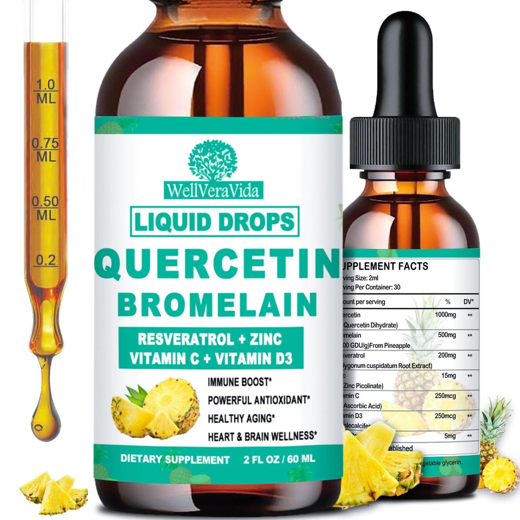 Quercetin dengan Bromelain Liquid Drops, 4X Stronger than Capsules & Pil, 7-in- 1 Organic Zinc Quercetin 1000mg dengan Bromelain 500mg Vitamin C D3 Ammune Dukung untuk Respilatory Health & Antioksidant