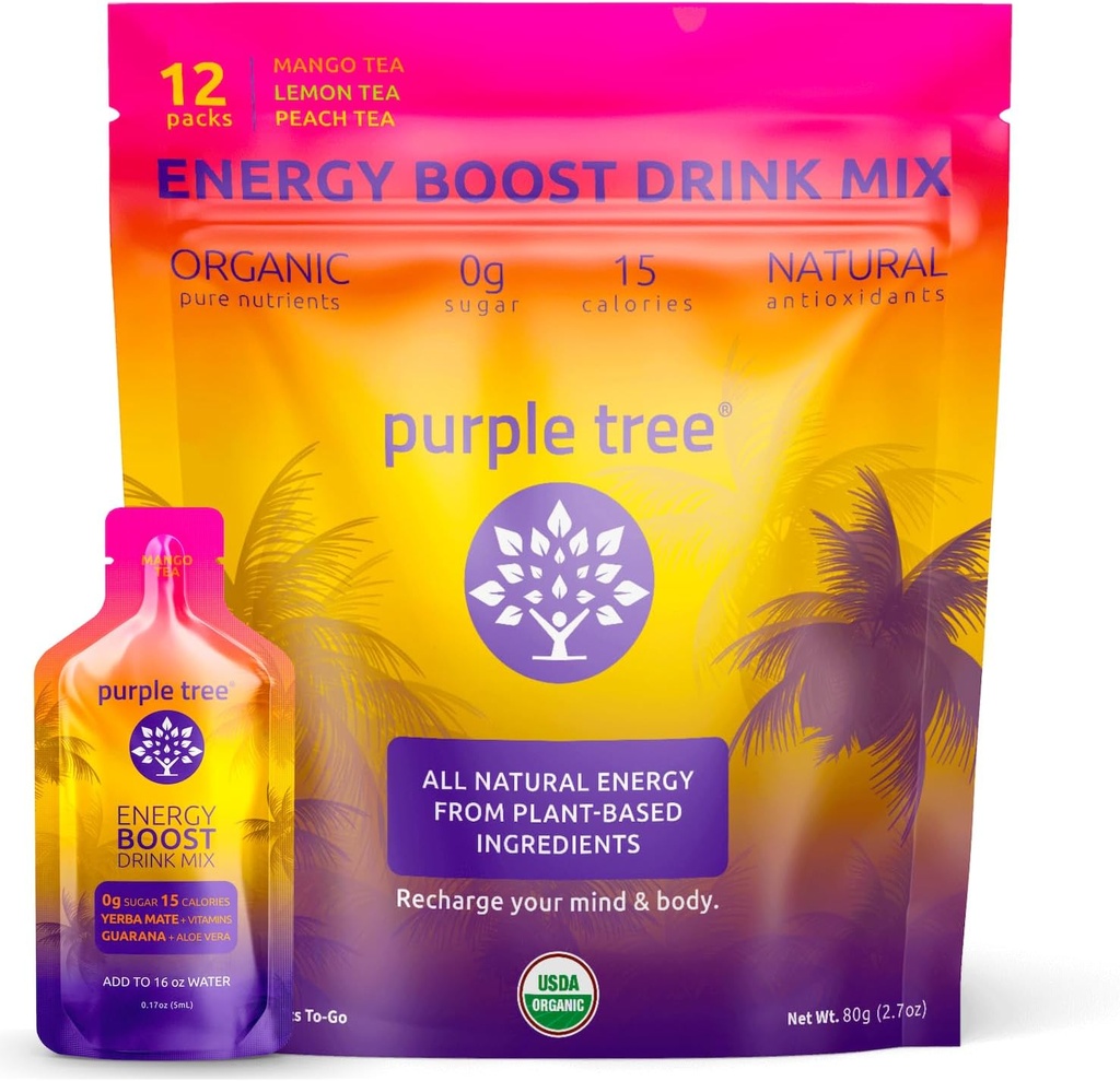 Paket Energi Organik Pohon ungu - Zero Sugar, 80mg Natural Caffeine dari Yerba Mate & Guarana, dengan B12 Vitamin untuk Smooth, Crash-Free Energy - Lemon Iced Tea Flavor, 12 ToGo Packs