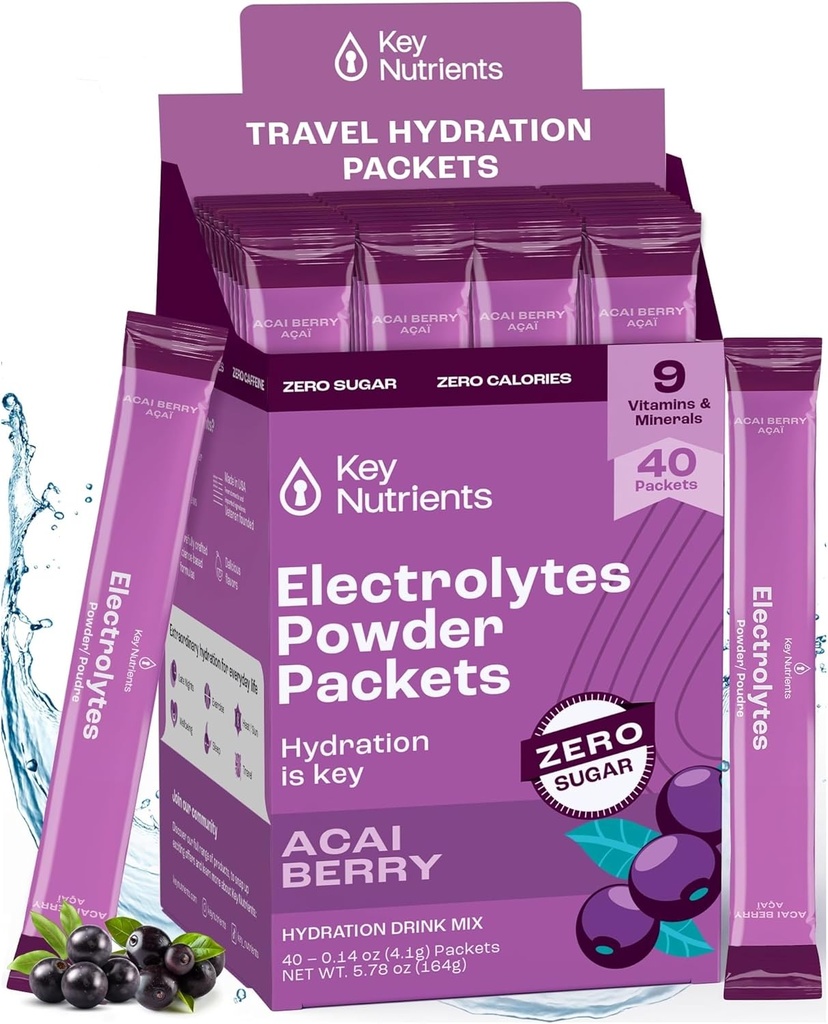 KUNCI NUTRIENTS Multivitamin Electrolytes Pawder Pawder - Paket Acai Berry 40 Pack Packet - Pack Hidration Travel - Tidak Gula, Tidak Ada Kalori, Gluten Bebas - Dibuat di Amerika Serikat