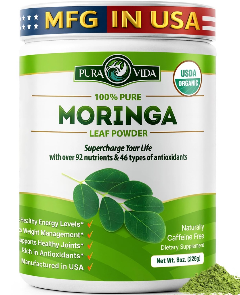 PURA VIDA MORINGA Powinga Organic Origin - Premium 100% Powder Leaf, USDA Organic Moringa Oleifera, Moringa Leaf Pounder - Sempurna untuk Smoothies & Recipes. 8 oz.