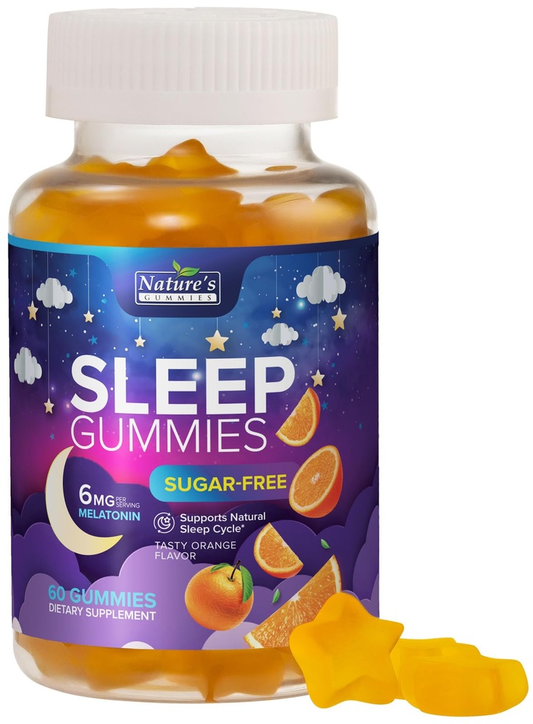 Sleep Gummies Suppplement 6mg - Sugar Free Melonainin Gults for Natural Zero Sugar Sleep Gummy untuk Orang dewasa, Anak-anak, Orange Flavored, Vegan, Ekstra Kekuatan Vitamin Dukungan - 60 Gummies