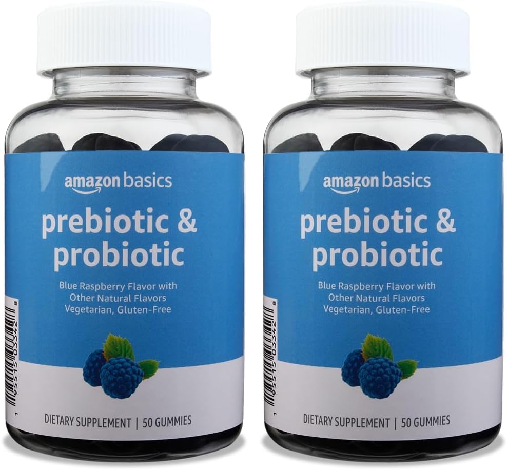 Basics Prebiotic & Probiotic Gummies, 2 Milyar CFU, Blue Raspberry, 50 Count (2 per Serving) (sebelumnya Solimo) (Paket 2)