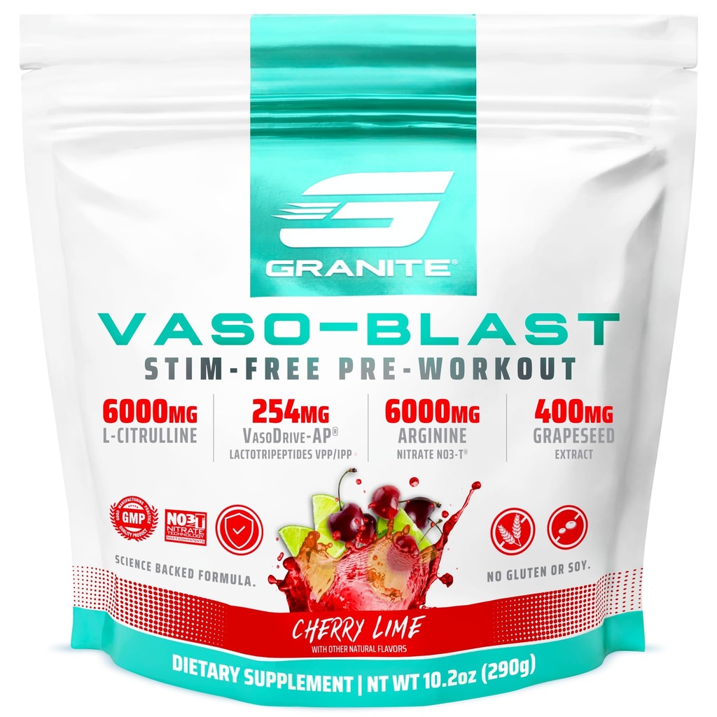 Suplemen Granite Vaso Blast, Cherry Lime Flavor, Stimulant- Free Pre Workout untuk Pria & Women with Grapeseed Extract, Arginine Nitrite, & VasoDrive-AP for Max Pompa (20 Servings)