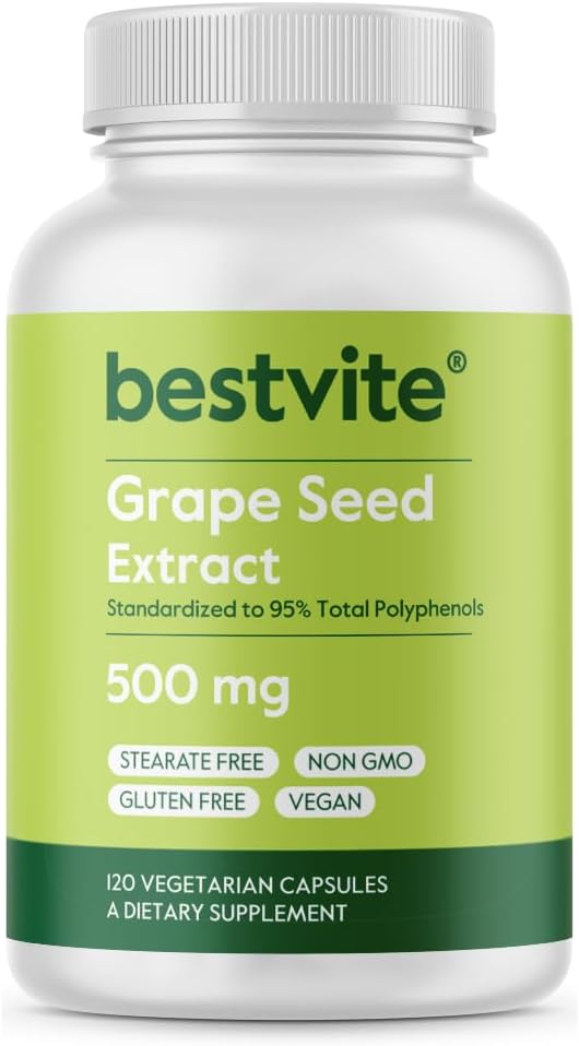 BESTVITE Grape Extract 500mg (120 Vegetarian Capsules) - Tidak ada Stearat - standardisasi ke 95% Polyphenol