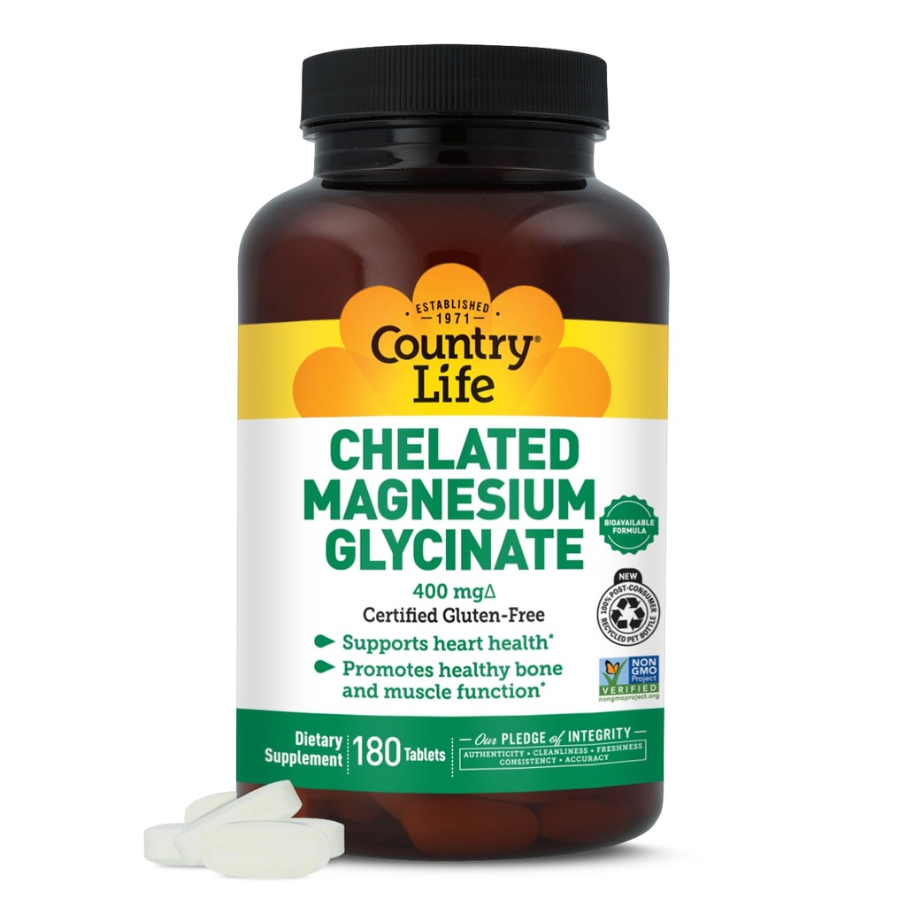 Country Life Cheleated Magnesium Glycinate 400mg - High Absorpsi Magnesium Suplemen Magnesium untuk Relaxation Muscle, Energy, Bone & Imune Dukungan - Bebas Gluten- Vegan, Halal, Non-GMO Verifikasi - 180 tablet