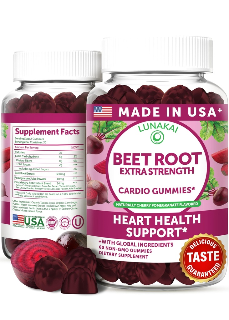 Lunakai USA Made Beet Root Gummies with Antioksidant Blend - Delicious Non-GMO Beet Chews, 60ct
