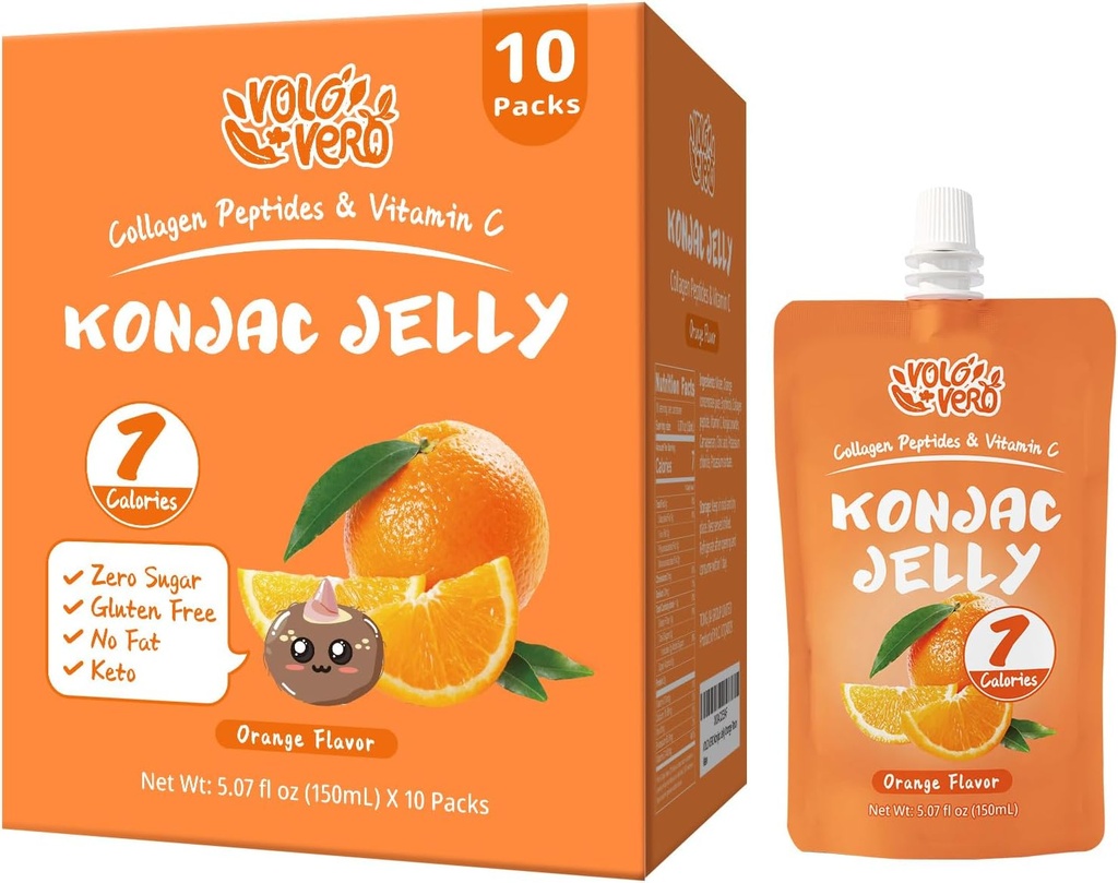 Konjac Jelly Pouch Drinkable Orange Flavor, Low Calories (7 Kcal), 10 Packs, Gluten Free, Keto, Sugar Free, Low Carb, Vitamin C Healthy Fruit, Holiday Gicks
