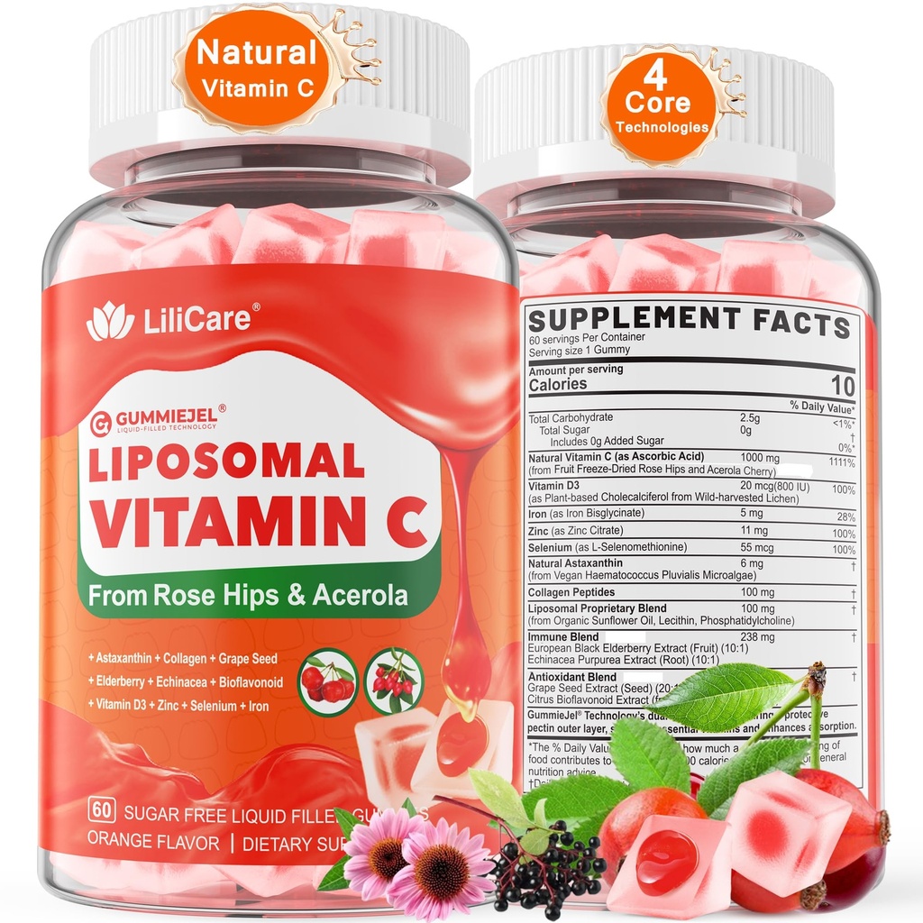 Lipomal Vitamin C 1000mg Gummies untuk Orang Dewasa & Anak-anak 9 +, Vitamin C Chewable C w / 11mg Zinc, D3, Elderberry, Echinacea, Bioflavonoid, Imune Dukungan, Whole Food VIT C dari Fruits, Sugar Free