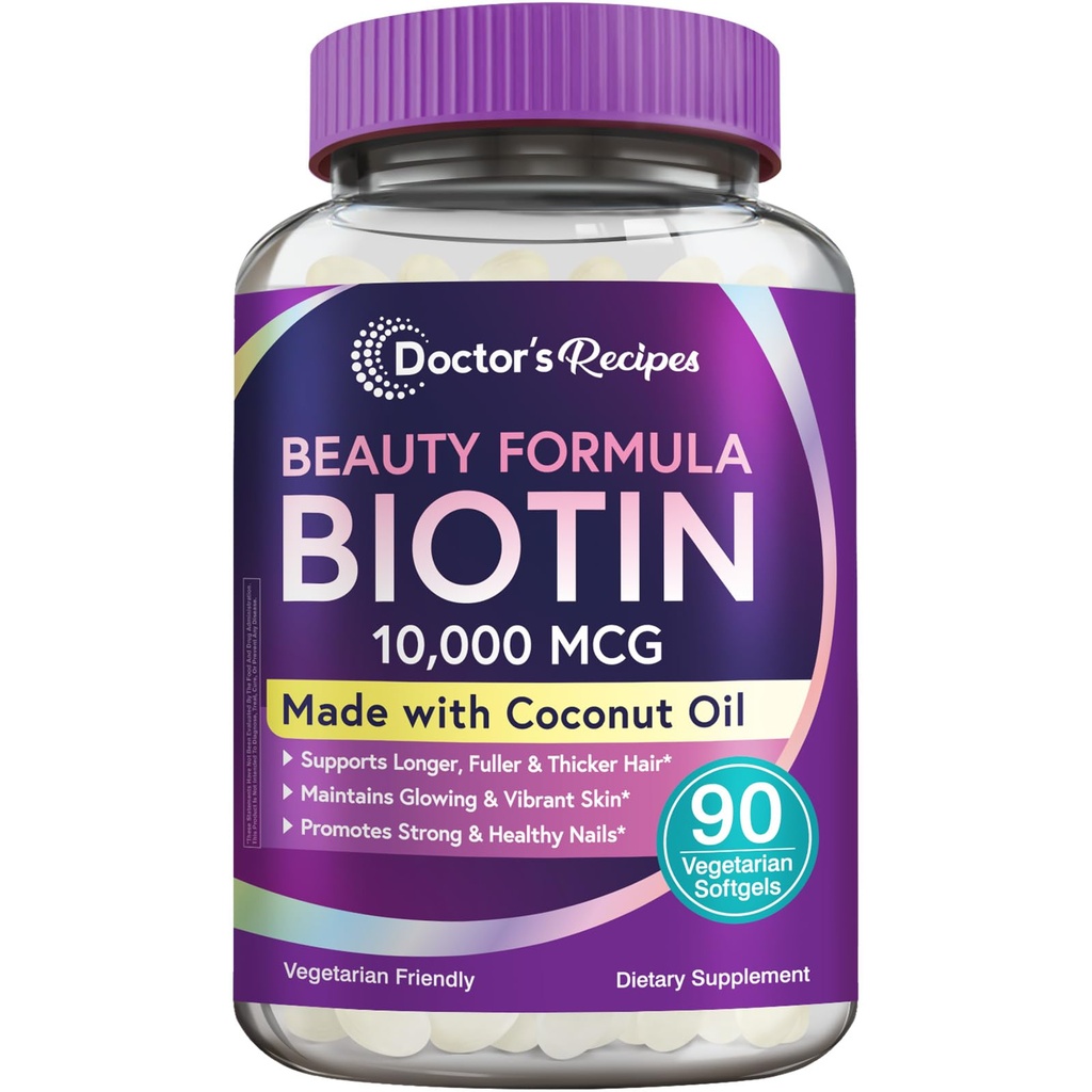 Dokter 's Recipes Biotin 10.000 mcg, Pertumbuhan Rambut, Skin & Nails Sehat, Metabolisme Energi, Vegarian- Friendly Biotin, dengan Coconut Oil, Non- GMO, Persediaan 3 Bulan, 90 Vegetarian Softgeels