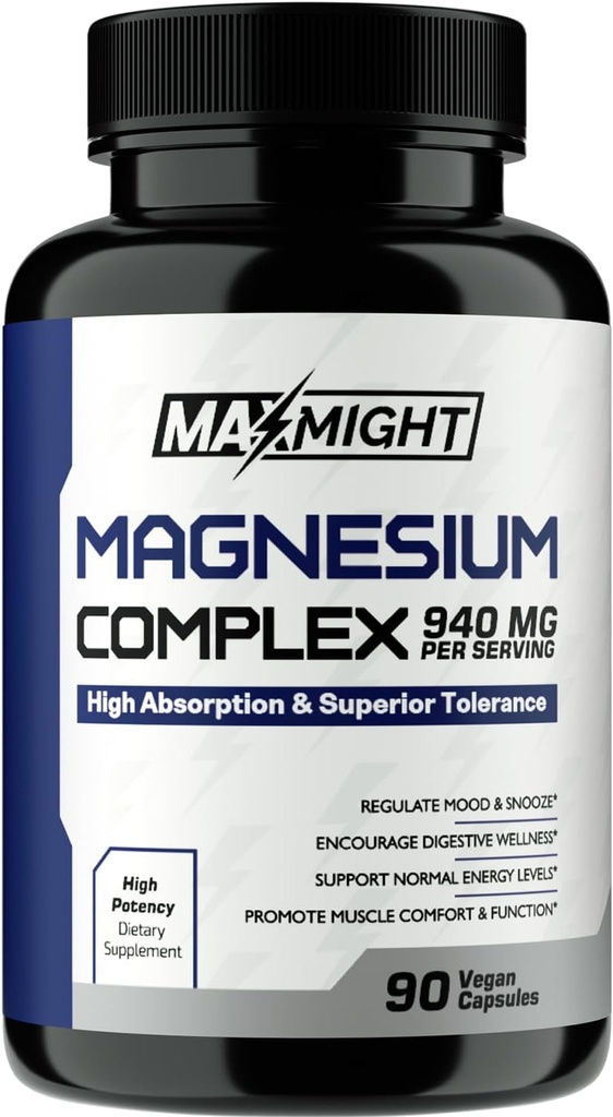Kompleks Magnesium, 210 mg Elemental Magnesium, Glycinate, Citrate & Malate, Non-GMO, Max Absorpsi, Muscle, Mood, Energy, 90 Vegan Capsules