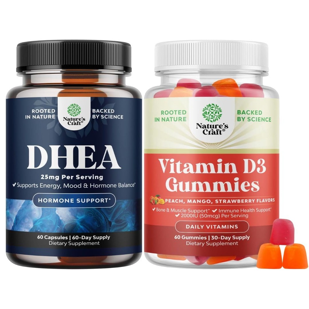 Bundle of DHEA Supplemen untuk keseimbangan Hormone, Mood Stability, Fungsi Otak - Dehydroepiandrosterone dan Vitamin D3 Gumin D3 untuk Wellness dengan 2000IU per Serving Bone Muscle & Imune Support