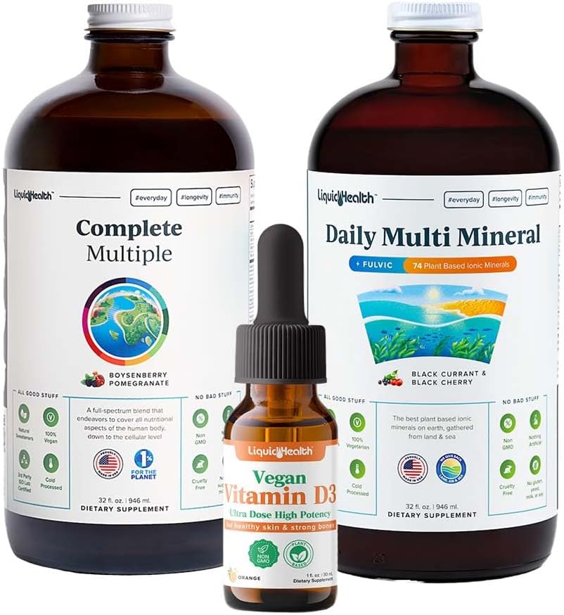 LIQUIDHEALTH Ultra Imunity Liquid Limid Bundle for Adules for Complete Multivitamin, Daily Multi Minevent and Vegan Vitamin D3 Drops - Imune Dukung Vitamin, Whole Foods, Vegan, Non GMO