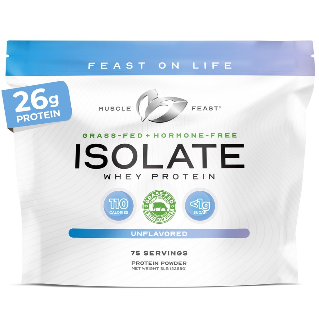 Muscle Feast Grass- Fed Whey Protein Isolate, All Natural Hormone Free Hormone Raised, Whiy Isolate Protein Powder for Men and Women, Clean, Non-GMO & Gluten- Free, Isolate Protein - Unflamited, 5lb
