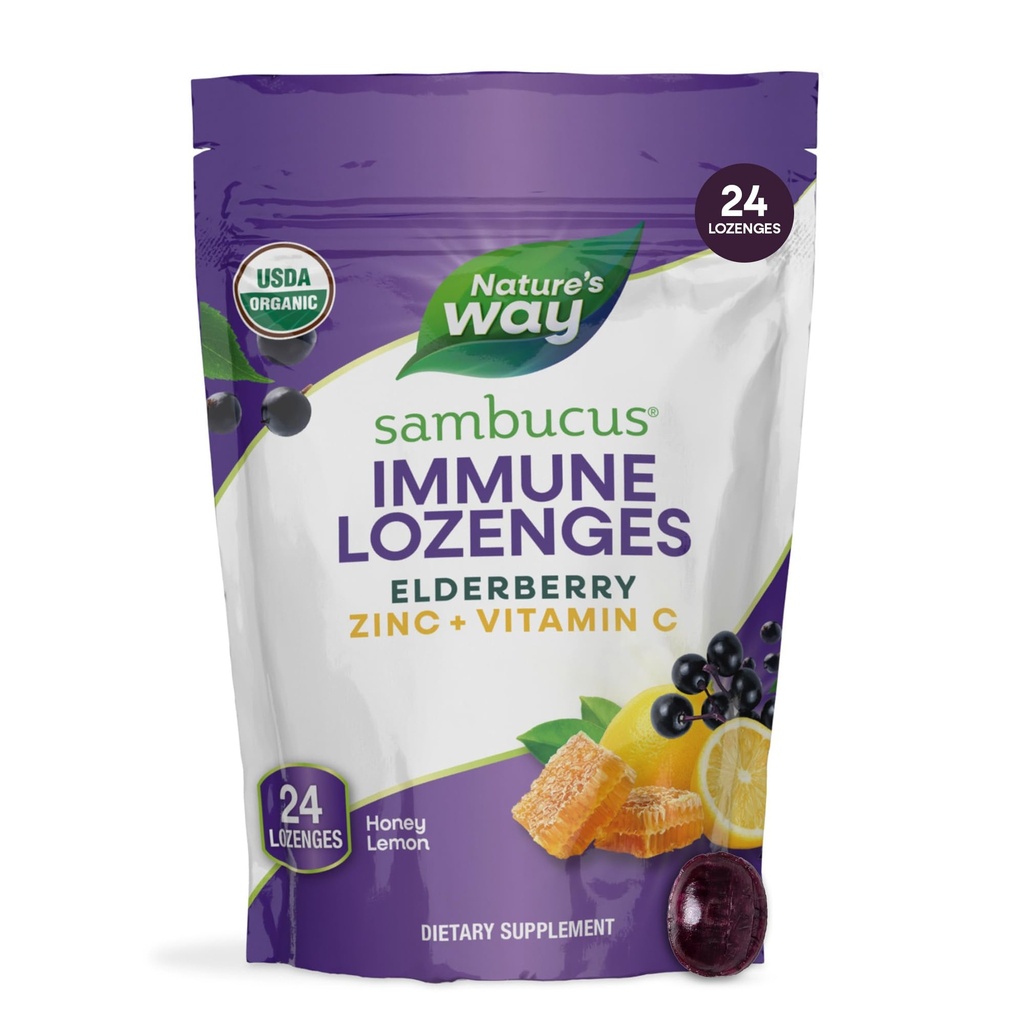 Nature 's Way Sambucus Zinc Lozenges dengan Elderberry dan Vitamin C, Honey Lemon Flavor, 24 Lozenges