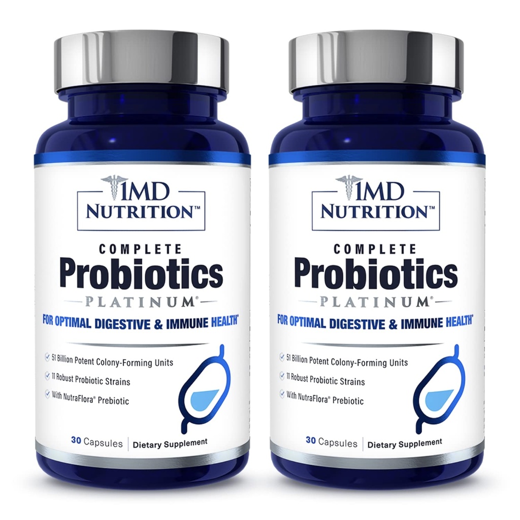 1MD Complete Propulsion Platinum 124; Support Digetical Health 124; with Ncomforshing Prestiles, 51 Milion Live CFU, 11 Strains, Dairy- Free 124; 30 Vegetable Capsules (2- Pack)