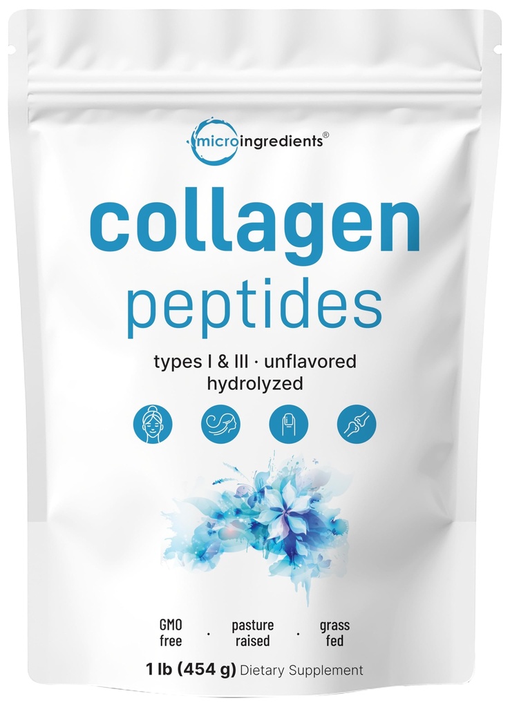 Mikro Ingrediens Bovine Collagen Peptides Powder, 1lb 124; Tipe I & III + Natural Protein 124; Grass- Fed Bovine Source 124; Unflafected 124; Supports Skin, Gabungan & Bone Health 124; Paleo, Non-GMO