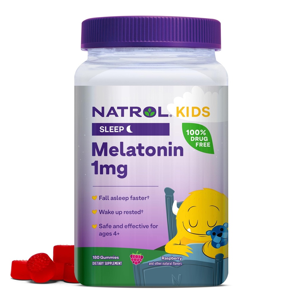 Natrol Kids Melonatin 1 mg, Tambahan Dieter untuk Tidur Penuh, Melonatin Gummies untuk Anak-Anak, 180 Raspberry- Gummies Ditandai, Sampai dengan 180 Hari Suppply