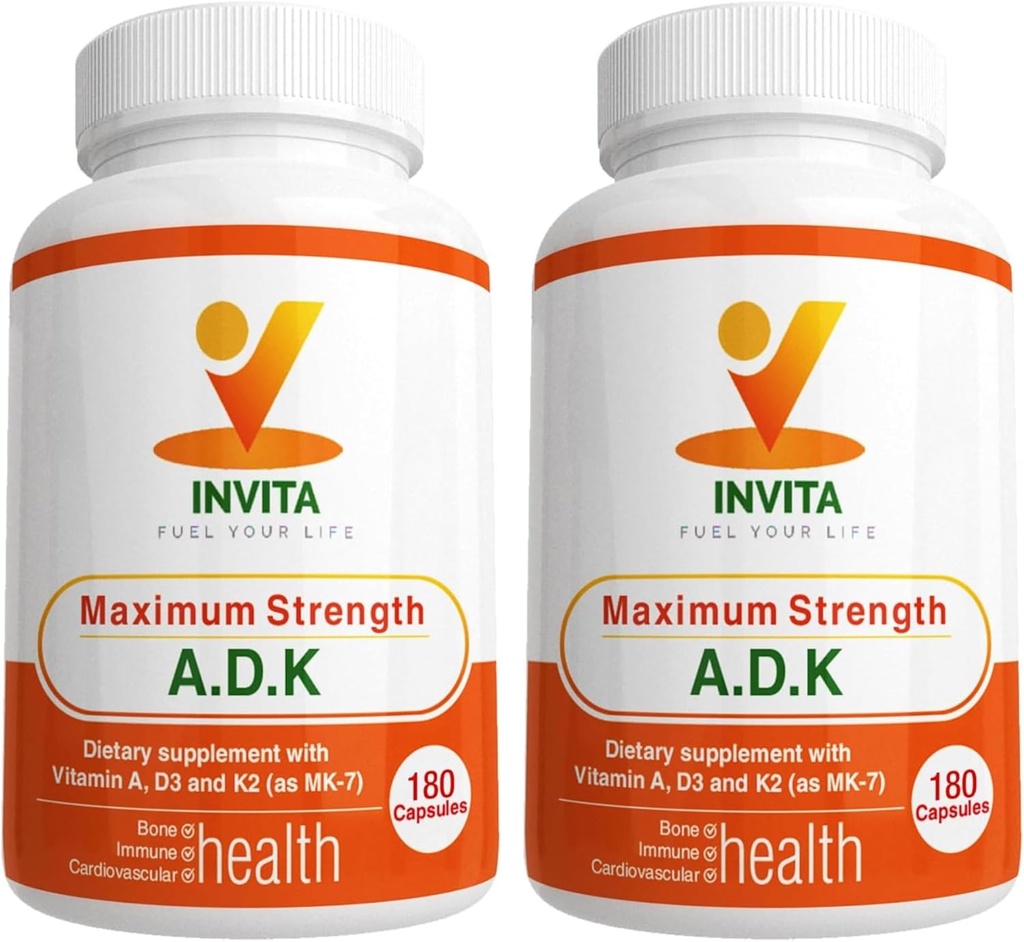 INVITA ADK - Vitamin A1, Vitamin D3 5000 IU & K2 MK7 Suplemen - Physician Membentuk Dukungan Bone & Imune - Gluten Bebas, Non-GMO - 180 Vegetarian Capsules untuk Pria & Perempuan