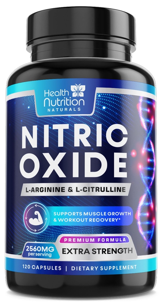 Nitric Oxide Booster 2560mg - Ekstra Kekuatan L Arginine & Citrulline Tambahan untuk Pria & Perempuan - Premium Muscle Supporting Nitric Booster - Dukungan Kesehatan Energi & Energi Alam & Hati - 120 Kapsul