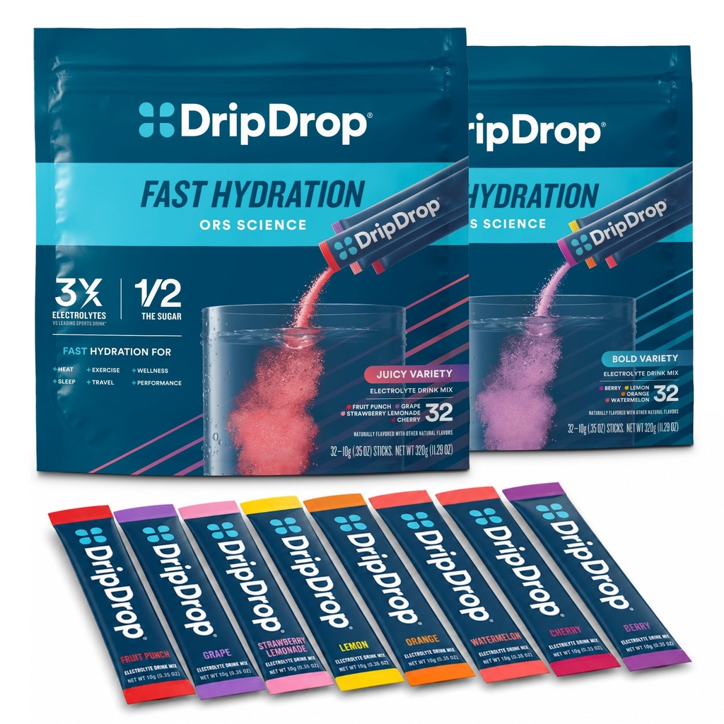 DripDrop Hidration - Electrolyte Powder Pawder - Watermelon, Berry, Lemon, Orange, Fruit Punch, Grape, Strawberry Lemonade, Cherry - 64 Count