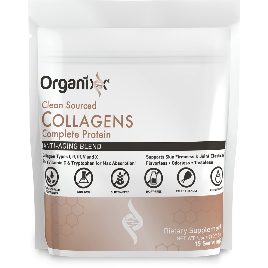 Organixx Collagen Peptides Powder dengan Vitamin C, Types I, II, V, X Hydrolyzed Collagen, Hair, Nail, Skin, Bone & Joint Health, Aging Support, Clean, Gluten Free, Unflashored, 15