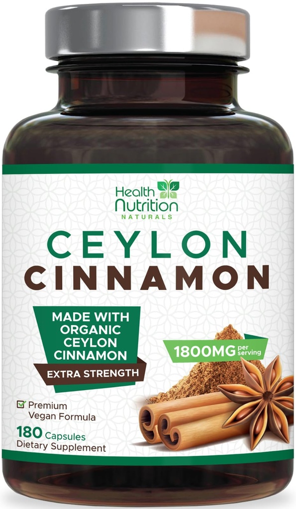 Ceylon Cinsules Capsules 1800mg - Sertifikasi Powder Ceylon Organik, Botol di AS, Pil Energi & Jantung Ekstra, Non-GMO & Gluten Bebas, Gula Free - 180 Capsules