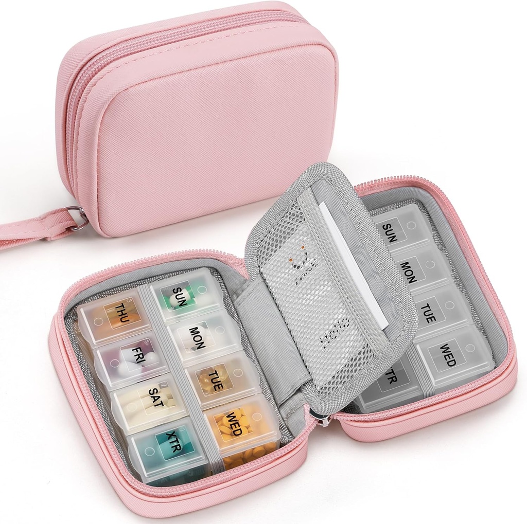 Zannaki Cute Pill Organizer untuk Purse dengan Two Removable 7- Day Pill Box, Travel PU Leather Pill Case, Portable Weekly Pill Container with Storage Bag to Hold Vitamin, Fish Oils, Suplemen (Pink)