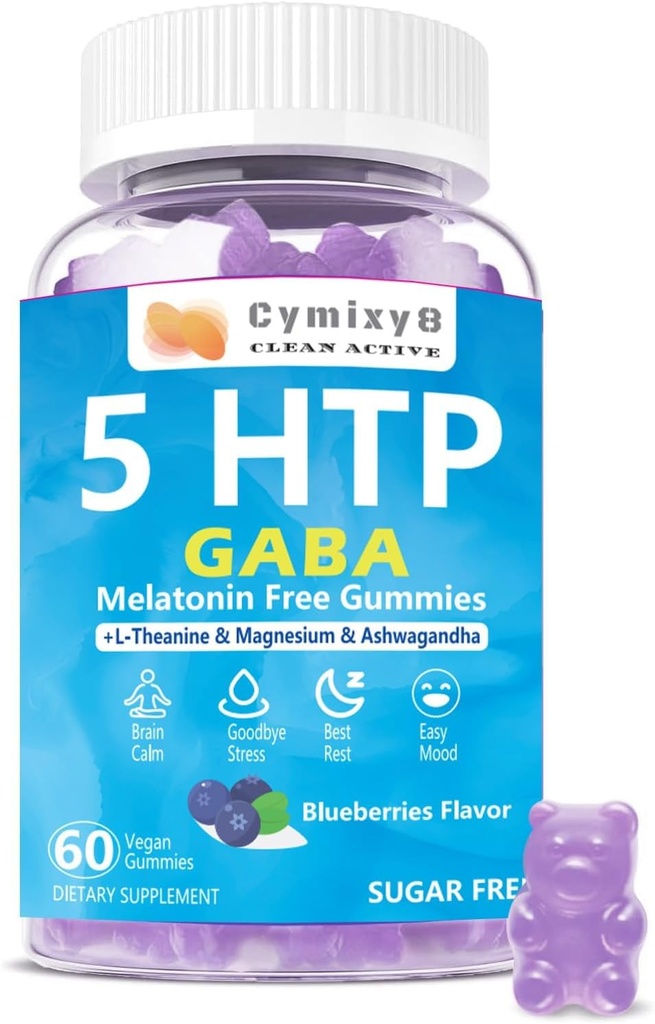 5-HTP GABA Gummies Blend 1700mg, Sugar-Free Calm Gummies dengan L Theanine, Magnesium, Ashwagandha, Omegaga-3-6-9, Vitamin D3, B6 untuk Natural Zzzs, Mood, Brain- Tenang, Blueberry Flavor 60xCount