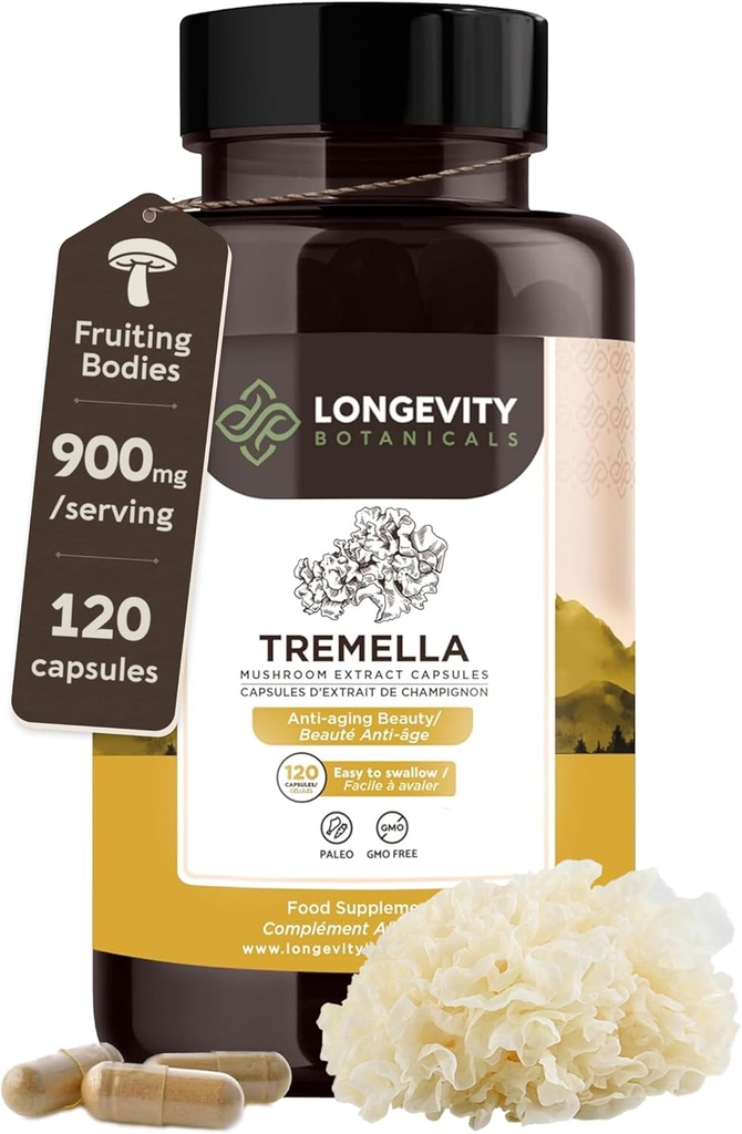 Komplotan Tremella Mushroom (120) Fruit Body 10: 1 Hear Snow Extract 124; 10% Beta- D Glurans 124; 9000mg Raw Equiliate Per Serving 124; Skin Hydration & Brain Support