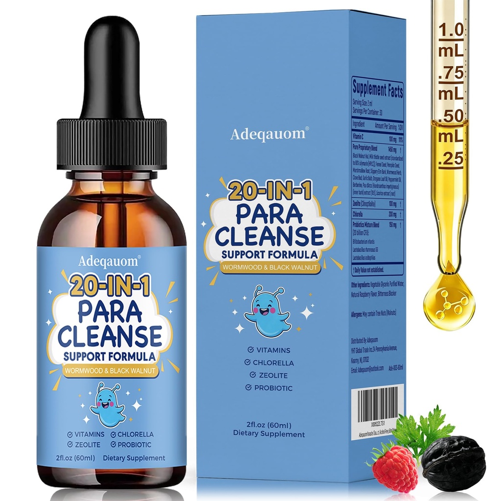 Wormwood Black Walnut Clove Parasite Cleanse for Humans & Kids, 20 in 1 Zeolite, Chlorella, 20 Billion Probiotics, Liquid Detox Support, Gut & Digestive Health Cleanse Drops, Alcohol-Free – 2 Fl. Oz