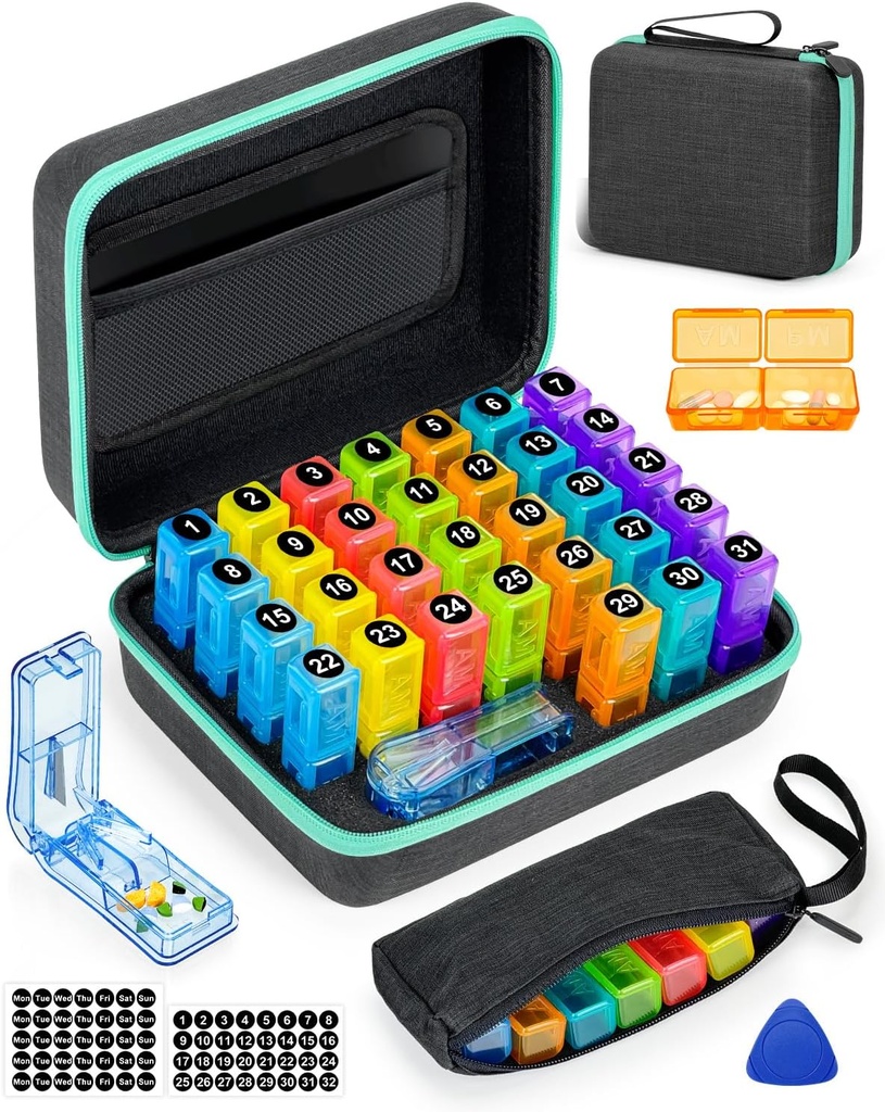 Monthly Pill Organizer 2 Times sehari, dengan Weekly Pill Bag, Portabel Hard Shell, Pill Cutter, Plastic Opening Pick, Monthly & Weekly Stickers, Convenient Medication Management and Tracking