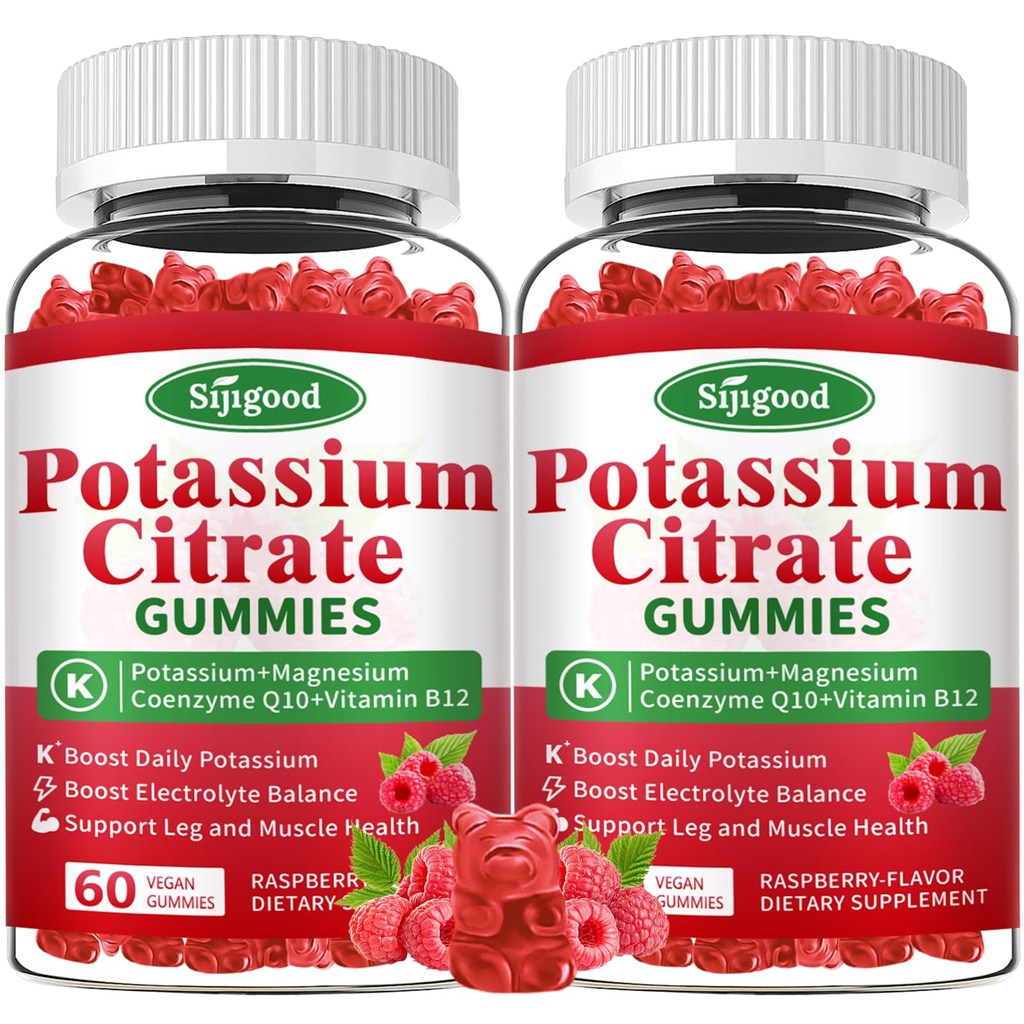 2 Pack Potasium Citrate Gummies - Potasium Suplemen Kesehatan Muscle, Penjepit Kram Kaki & Electrolyte Keseimbangan, Vegan, Non-GMO, Bebas, Raspberry Flavor, 120 Count