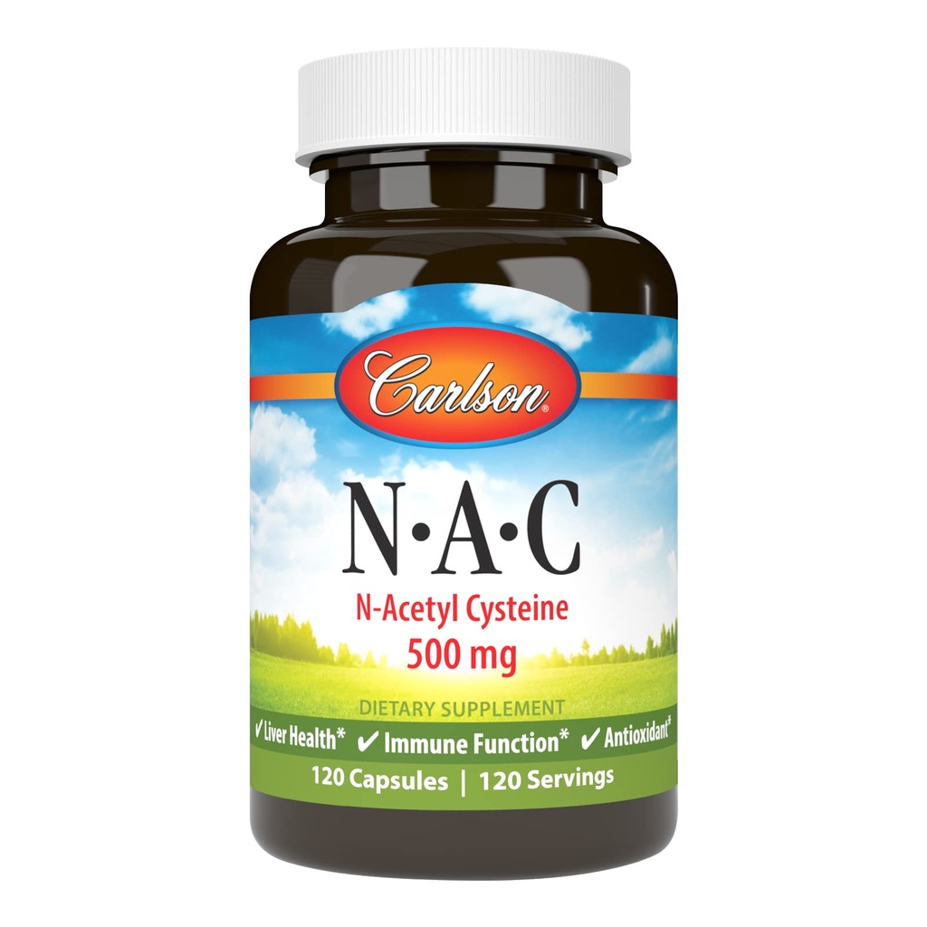 Carlson - NAC, N- Acetyl Cysteine, 500mg, Kesehatan Hati, Fungsi Imune, Antioksidant, 120 Vegetarian Capsules
