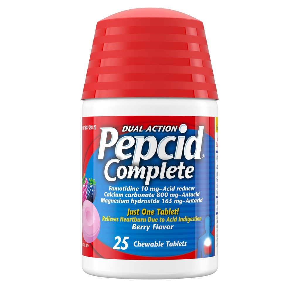Pepcid Acid Complete Reducer + Antax for Acid Reflux, 10mg Fomotidine, 800mg Calcium Carbonate & 165mg Magnesium Hydroxide per Heartburn Medicine Tablet, Antax Chews, Berry, 25 ct