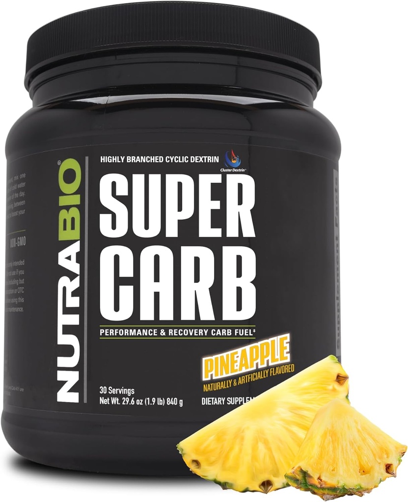 NutraBio Super Carb, Powder Carbohydrate with Cluster Dextrin & Electrytes, Advanced Carb Applimender for Workout Fuel, Performance, and Muscle Recovery, Cyclic Dextrin, Pineapple, 30 Sv