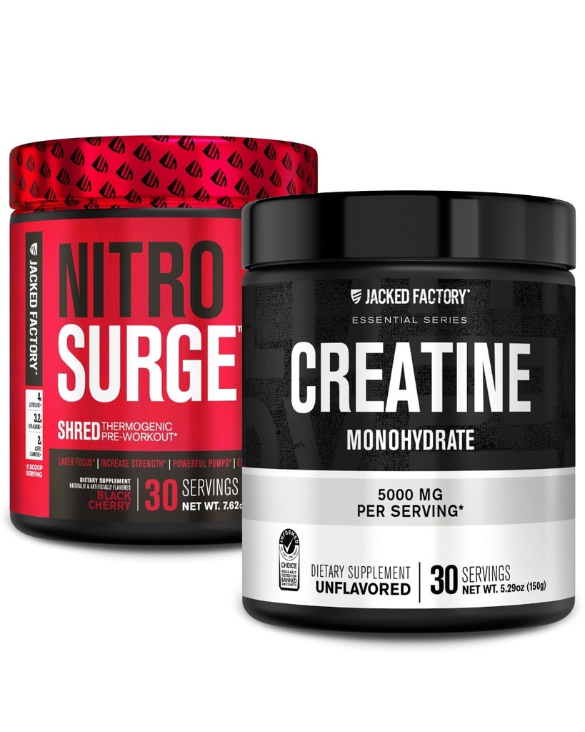 Jacked Factory NITROSURGE Shred Pre Workout Suplement (Black Cherry, 30 Servings) & Creatine Monohydrate Powder (Unflashed, 30 Servings)